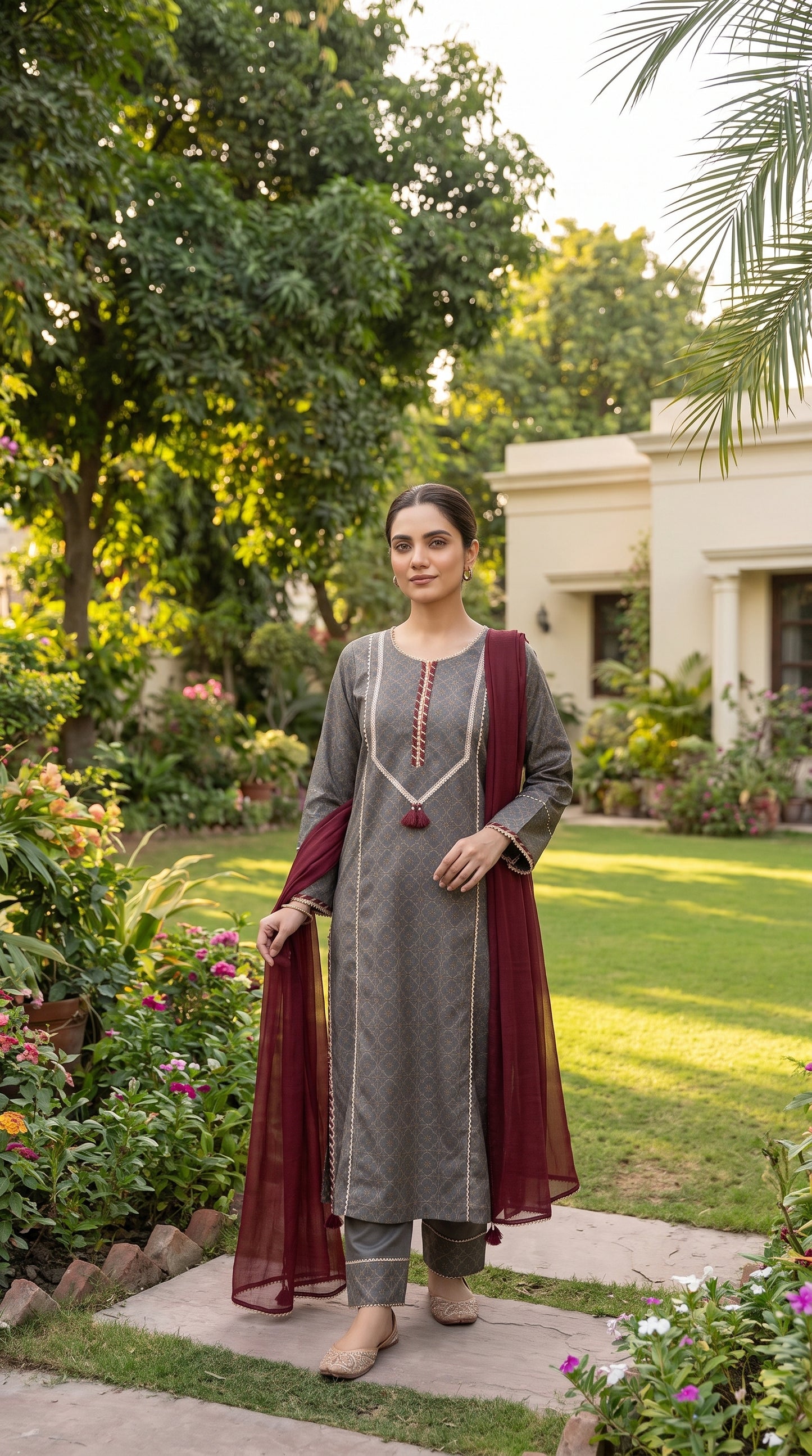 Charcoal Heritage Block Print 3-Piece Lawn Suit with Chiffon Dupatta