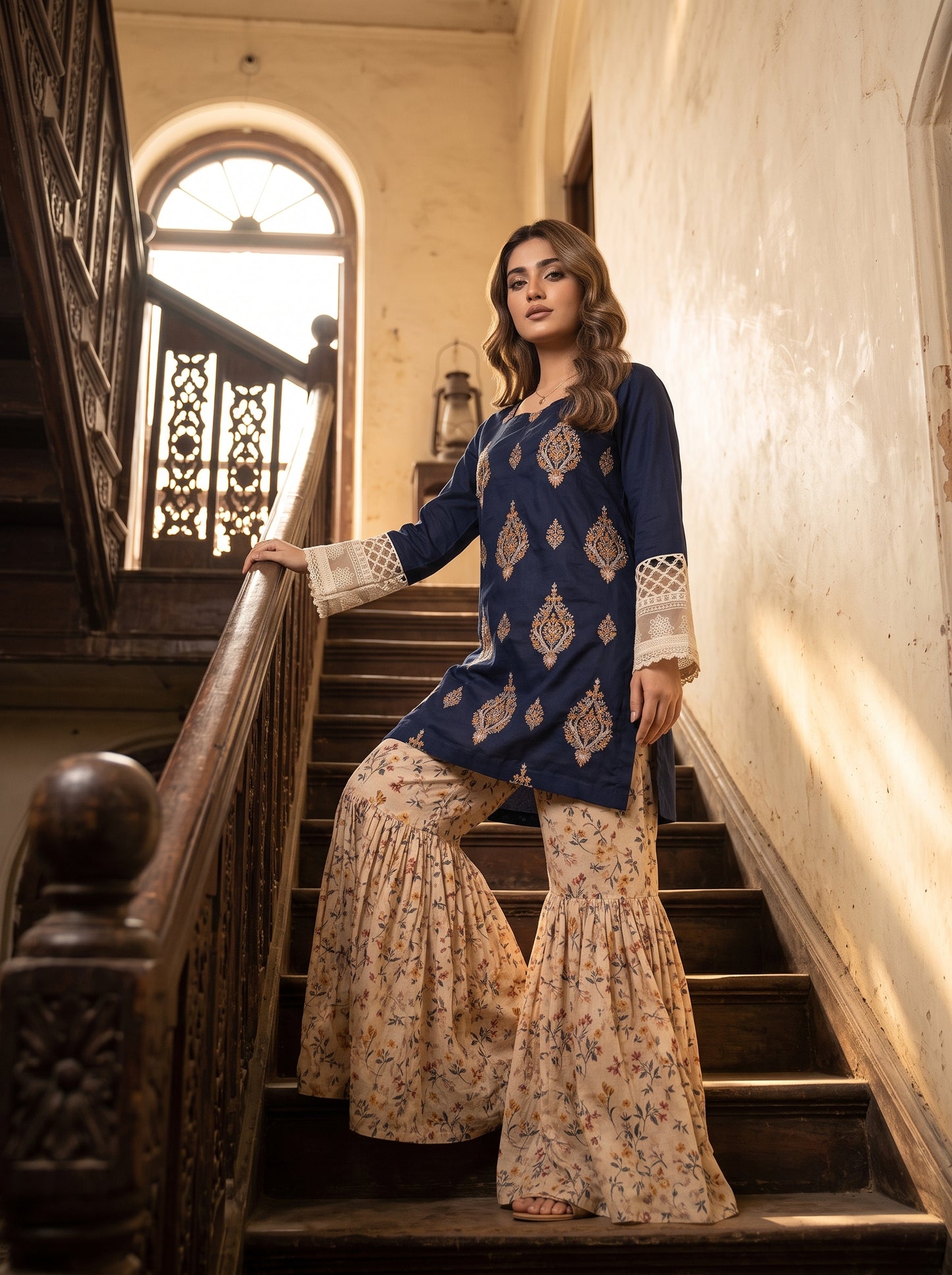Midnight Sapphire - Embroidered Kurta with Lace Sleeves & Printed Gharara