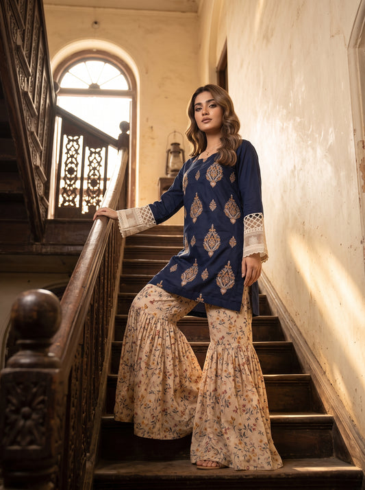 Midnight Sapphire - Embroidered Kurta with Lace Sleeves & Printed Gharara