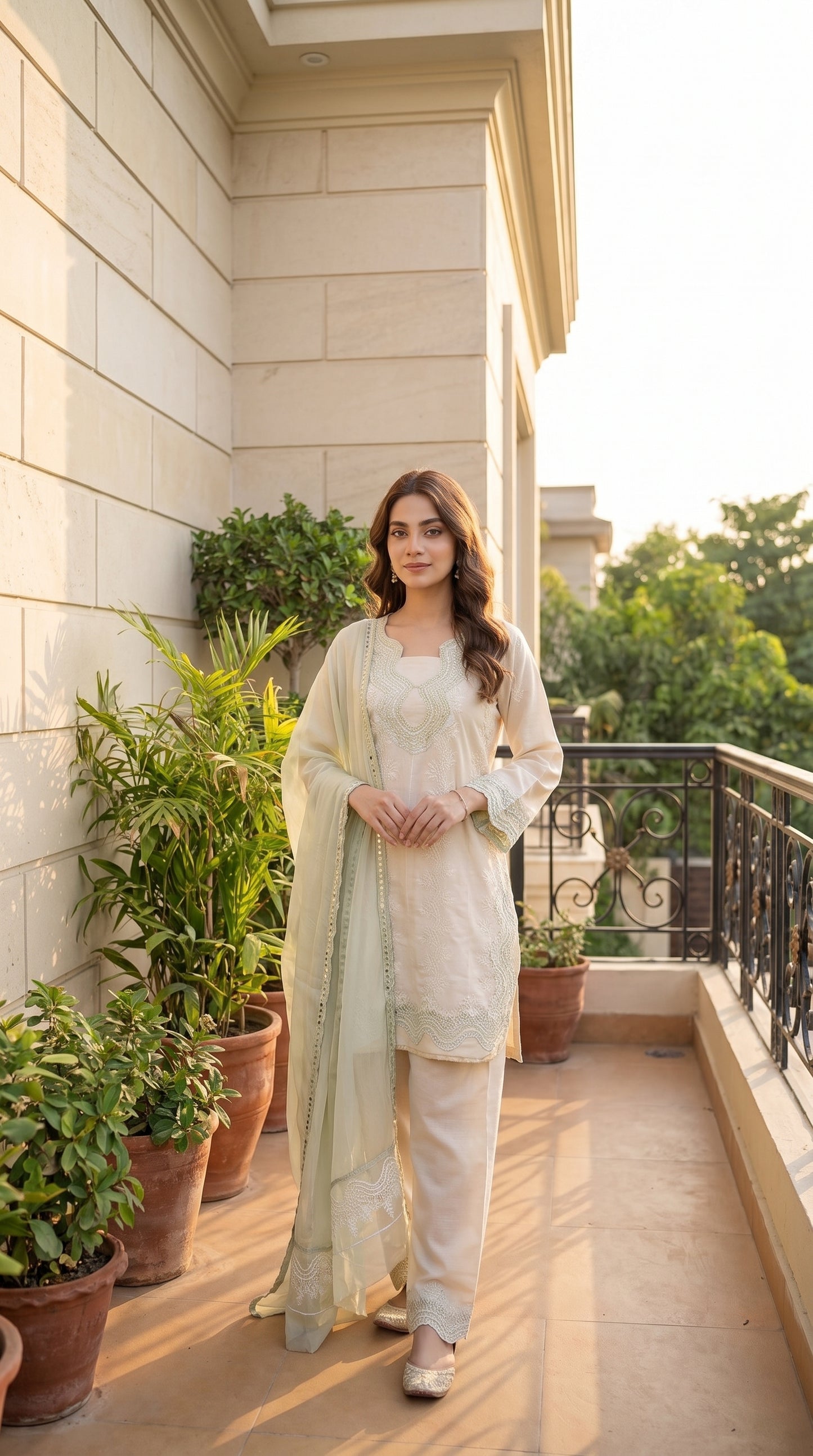 Pearl Ivory - Handcrafted Chikankari Lawn Tunic with Tulip Shalwar