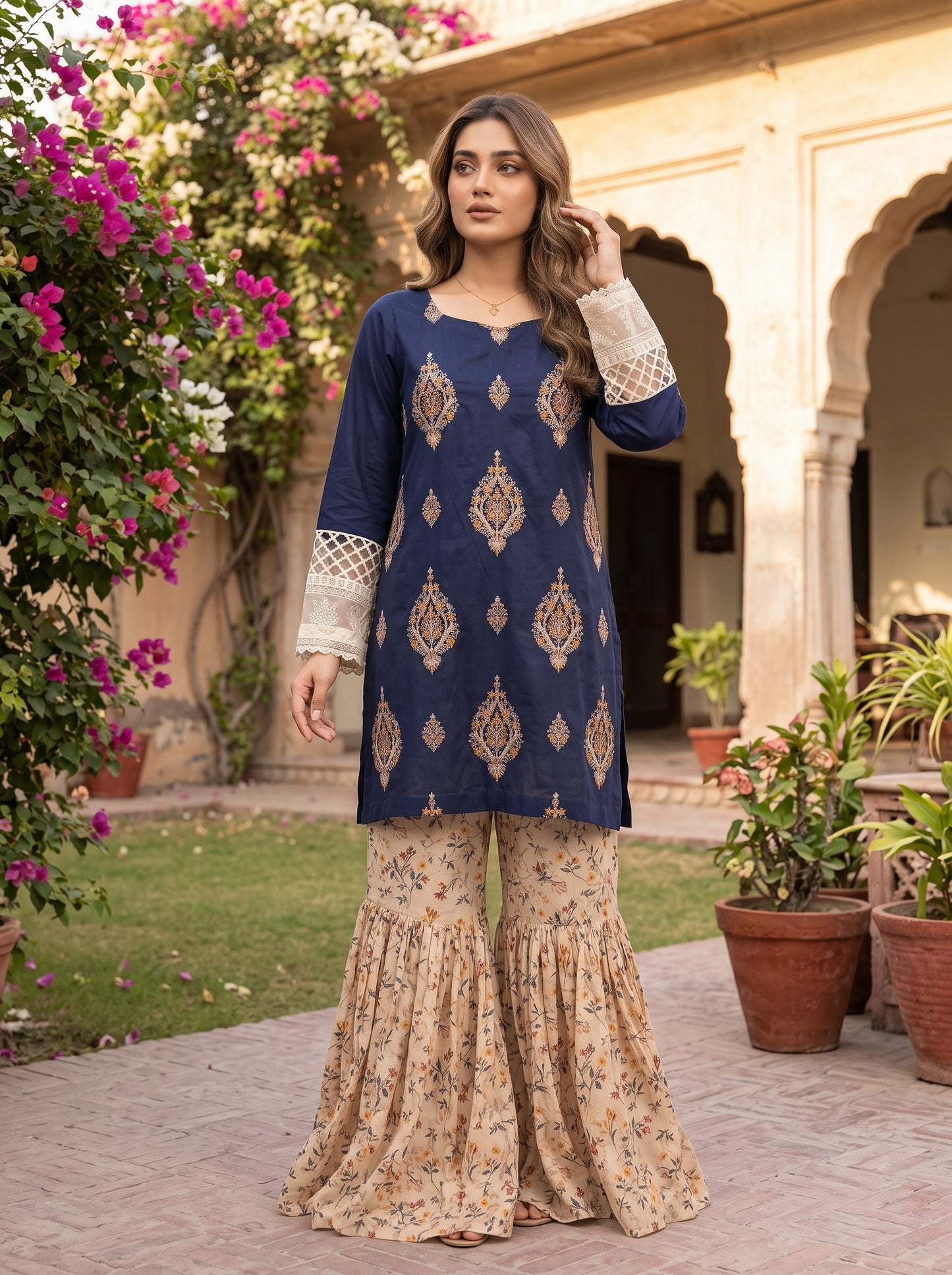 Midnight Sapphire - Embroidered Kurta with Lace Sleeves & Printed Gharara