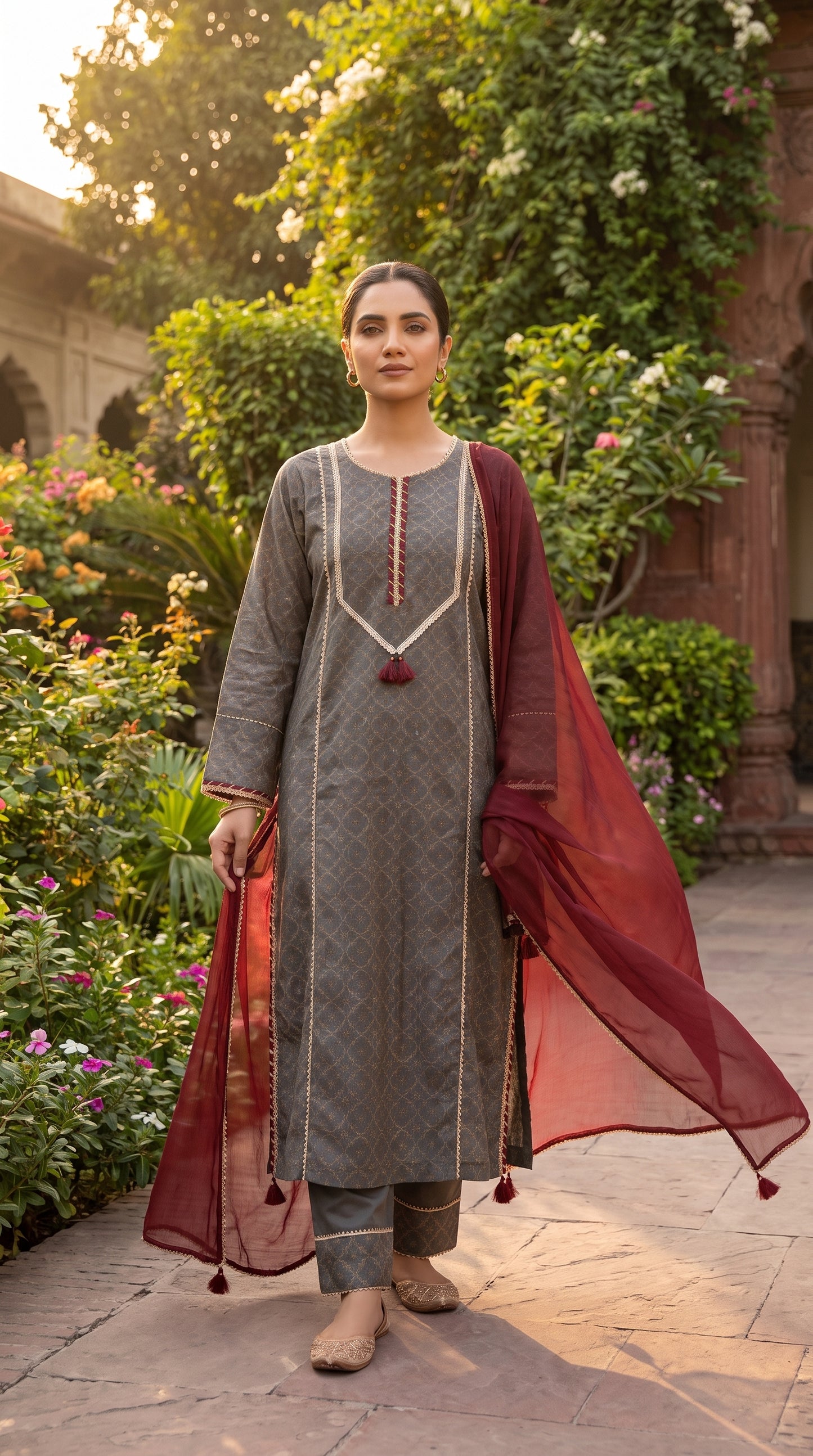 Charcoal Heritage Block Print 3-Piece Lawn Suit with Chiffon Dupatta