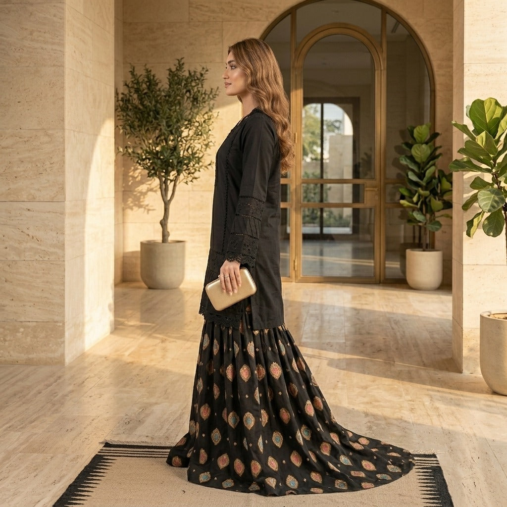 Noir Elegance - Embroidered Lace Tunic with Flared Motif Sharara