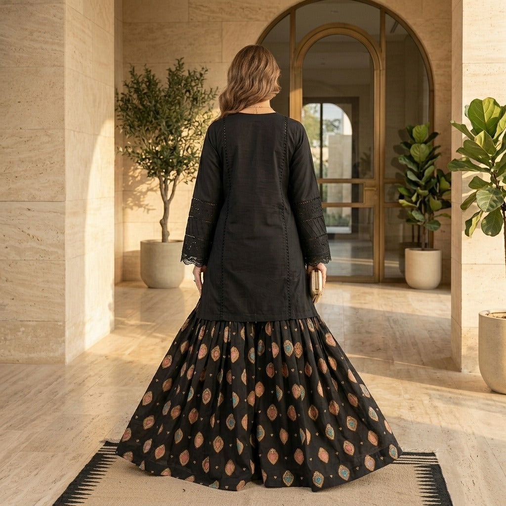 Noir Elegance - Embroidered Lace Tunic with Flared Motif Sharara