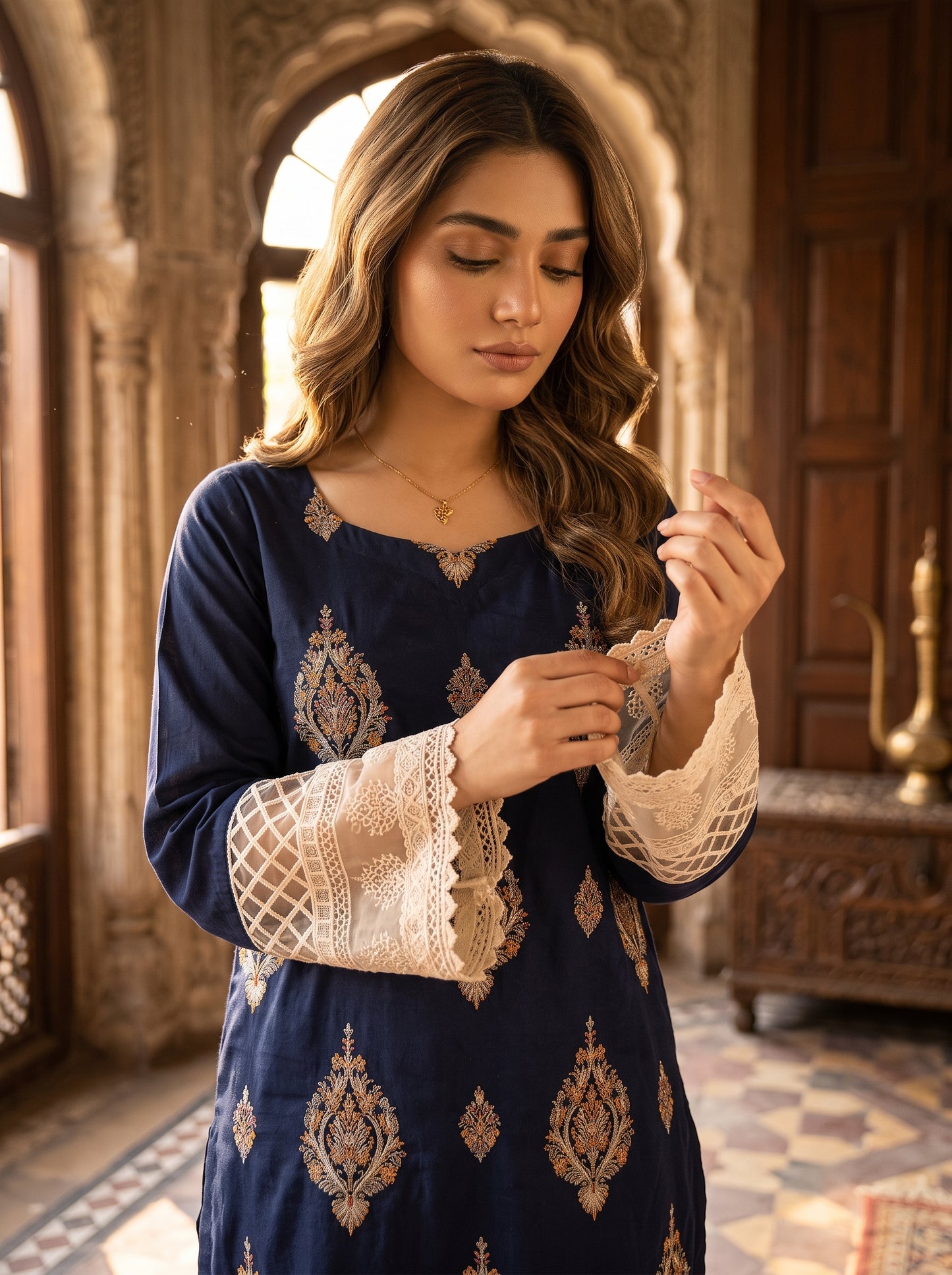 Midnight Sapphire - Embroidered Kurta with Lace Sleeves & Printed Gharara