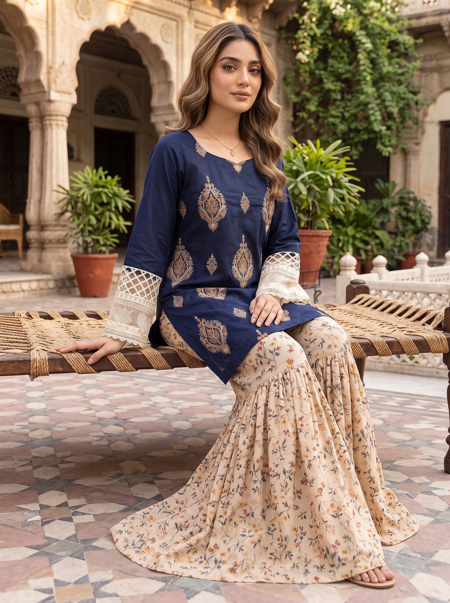 Midnight Sapphire - Embroidered Kurta with Lace Sleeves & Printed Gharara